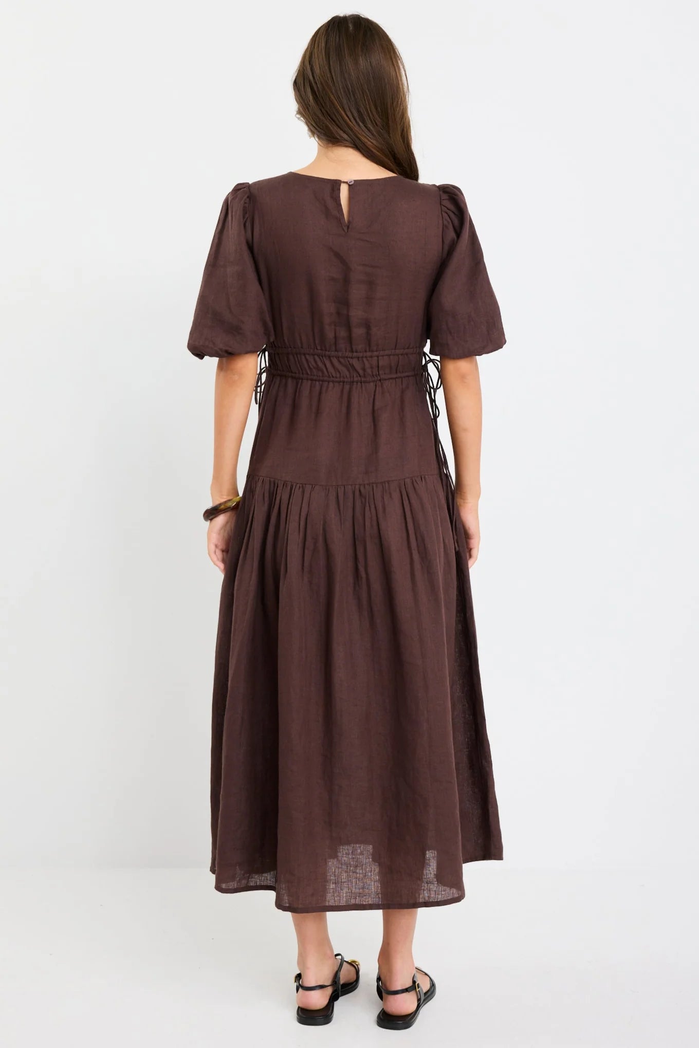 Glory Linen Puff Sleeve Midi Dress Chocolate