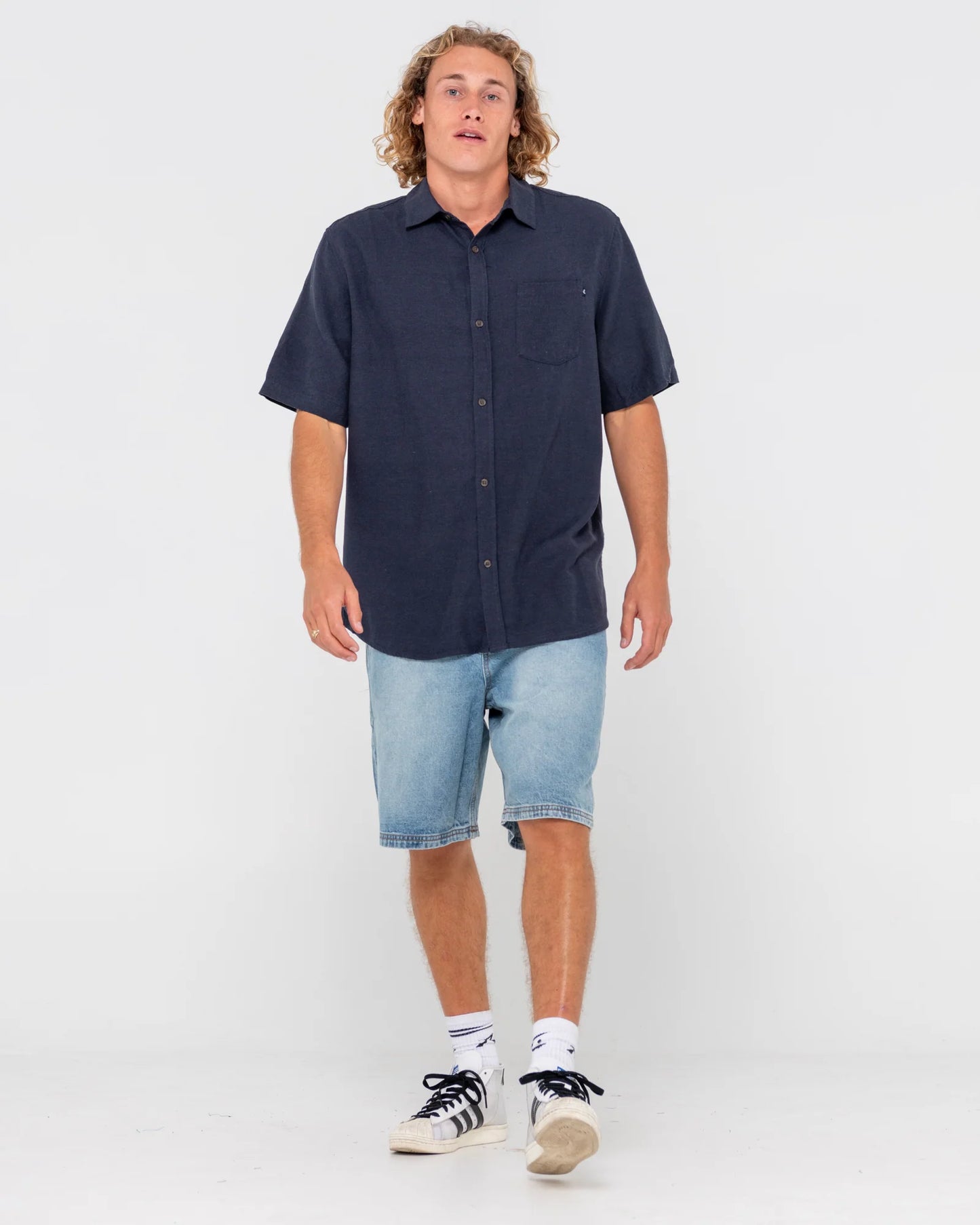 Overtone S/S Linen Shirt Navy Blue