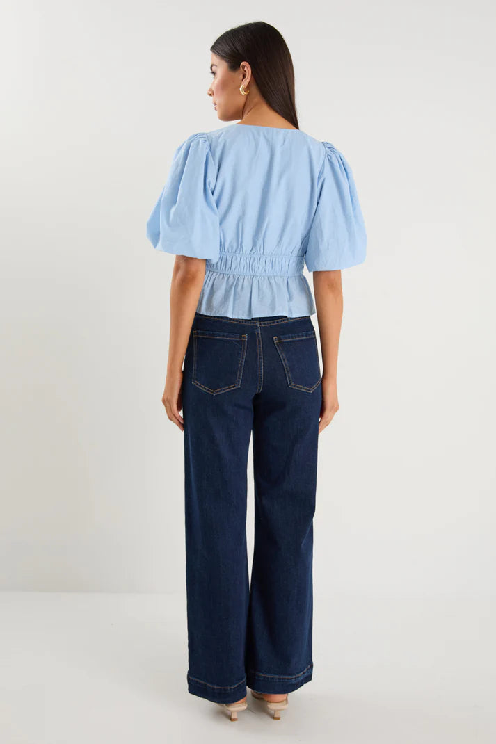 Vexting Ice Blue Puff Sleeve V Top