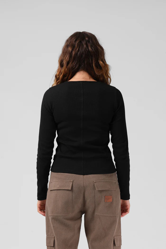 Ribbed L/S Henley Blk