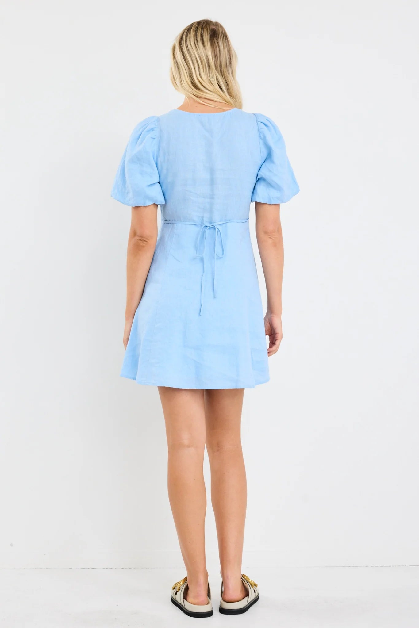 Adelaide Sky Blue Linen Puff Sleeve Mini Dress