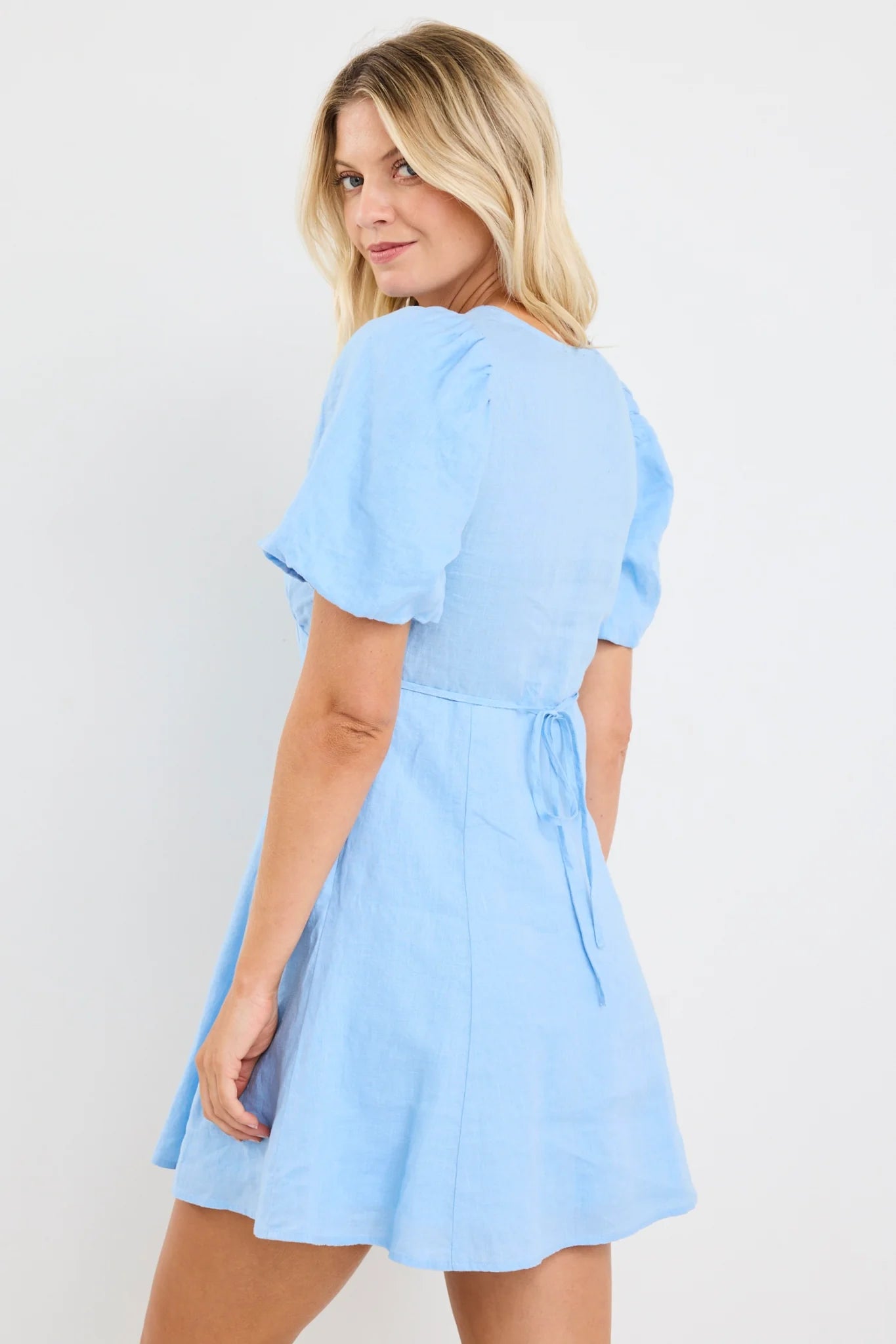 Adelaide Sky Blue Linen Puff Sleeve Mini Dress
