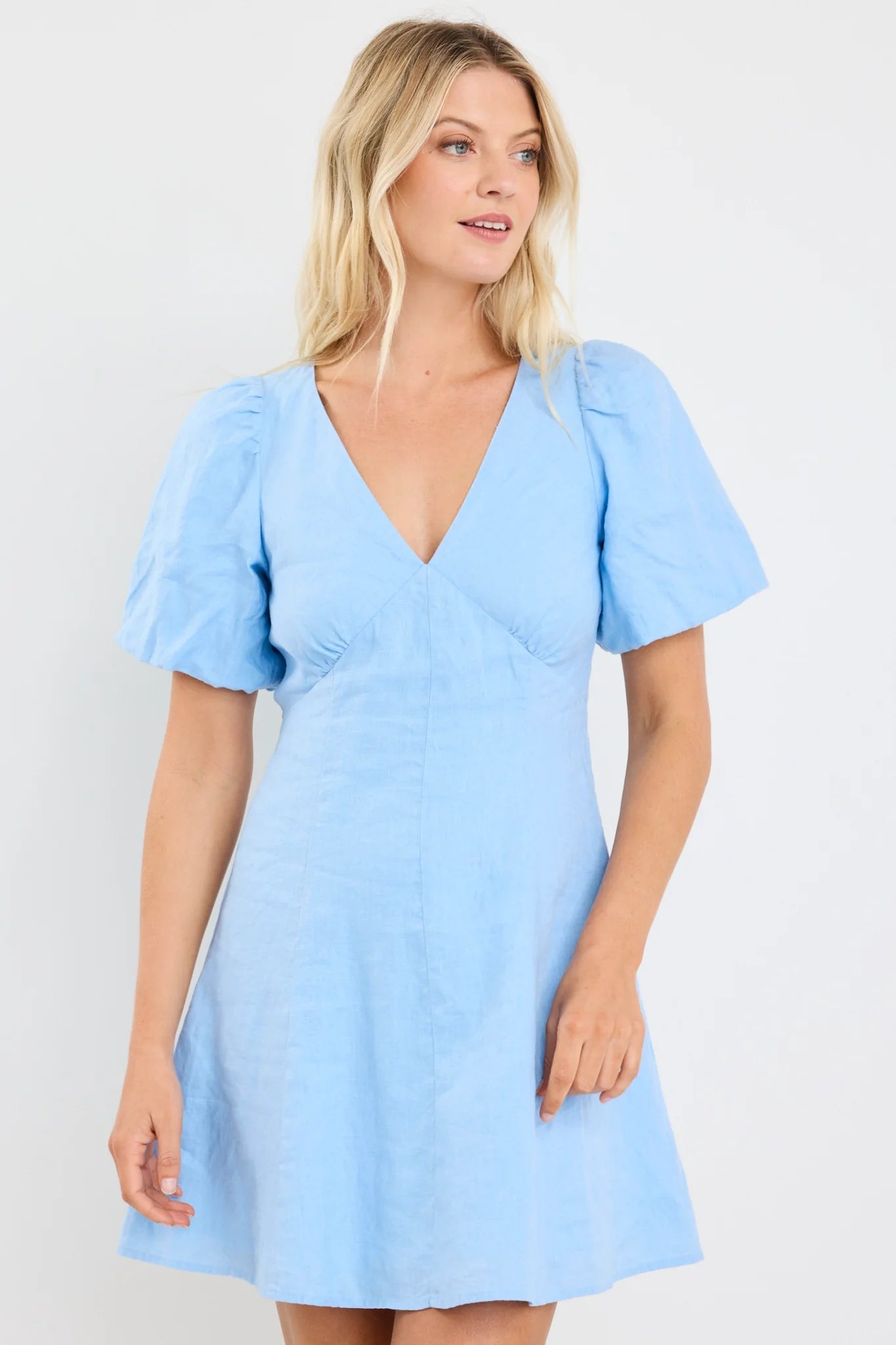 Adelaide Sky Blue Linen Puff Sleeve Mini Dress