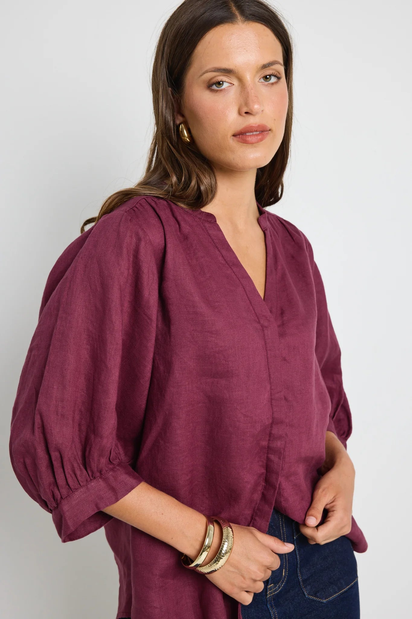 Deity Linen Puff Sleeve Blouse Burgundy