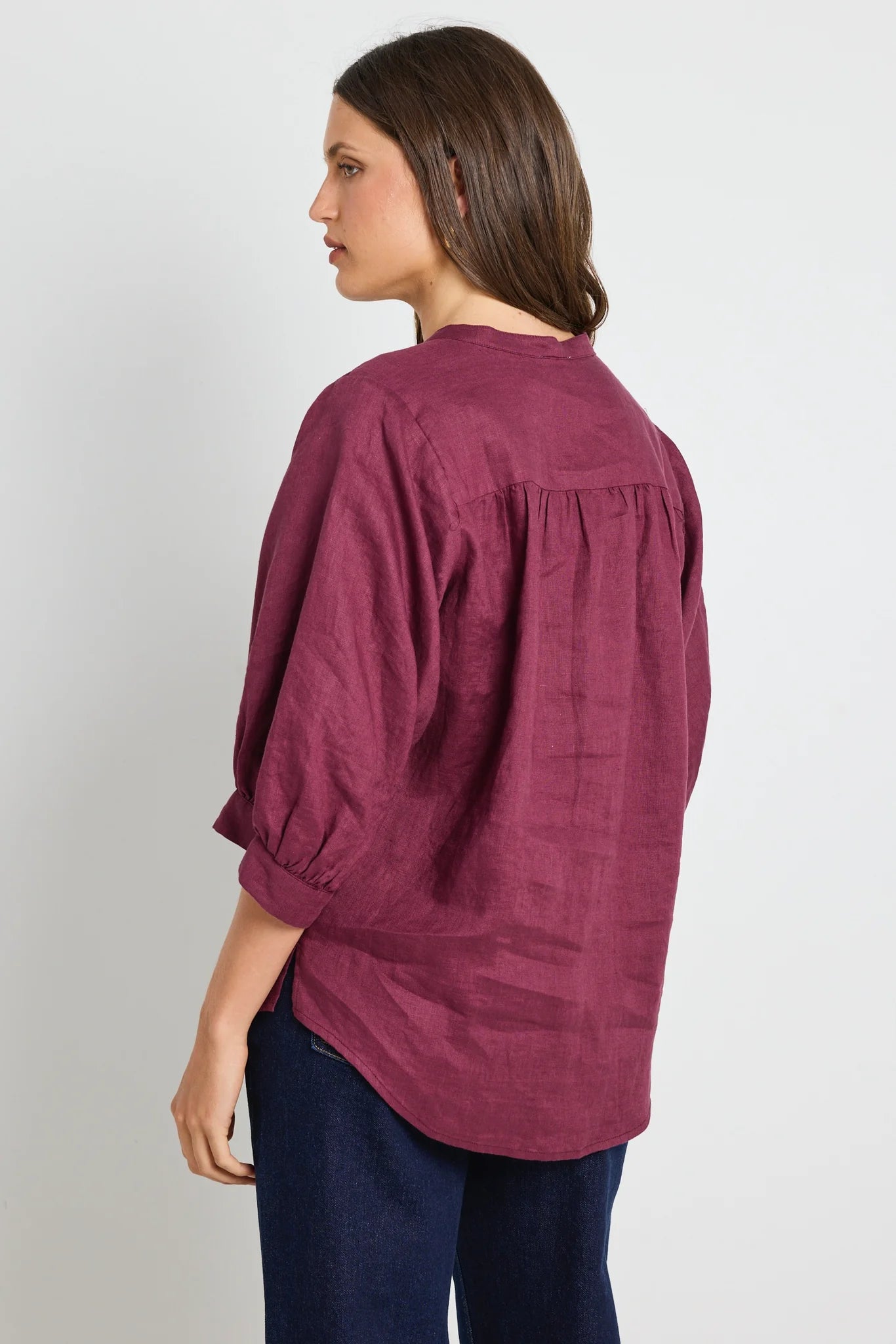 Deity Linen Puff Sleeve Blouse Burgundy