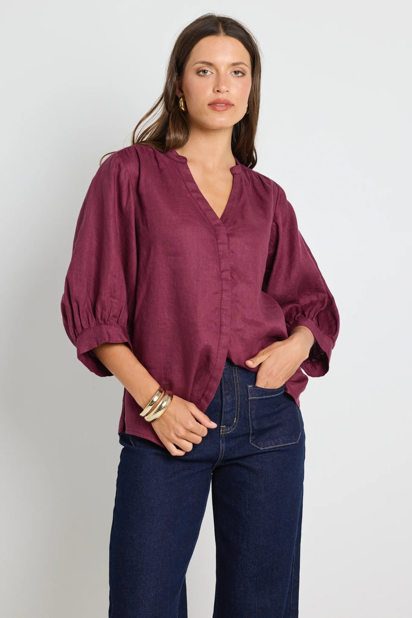 Deity Linen Puff Sleeve Blouse Burgundy