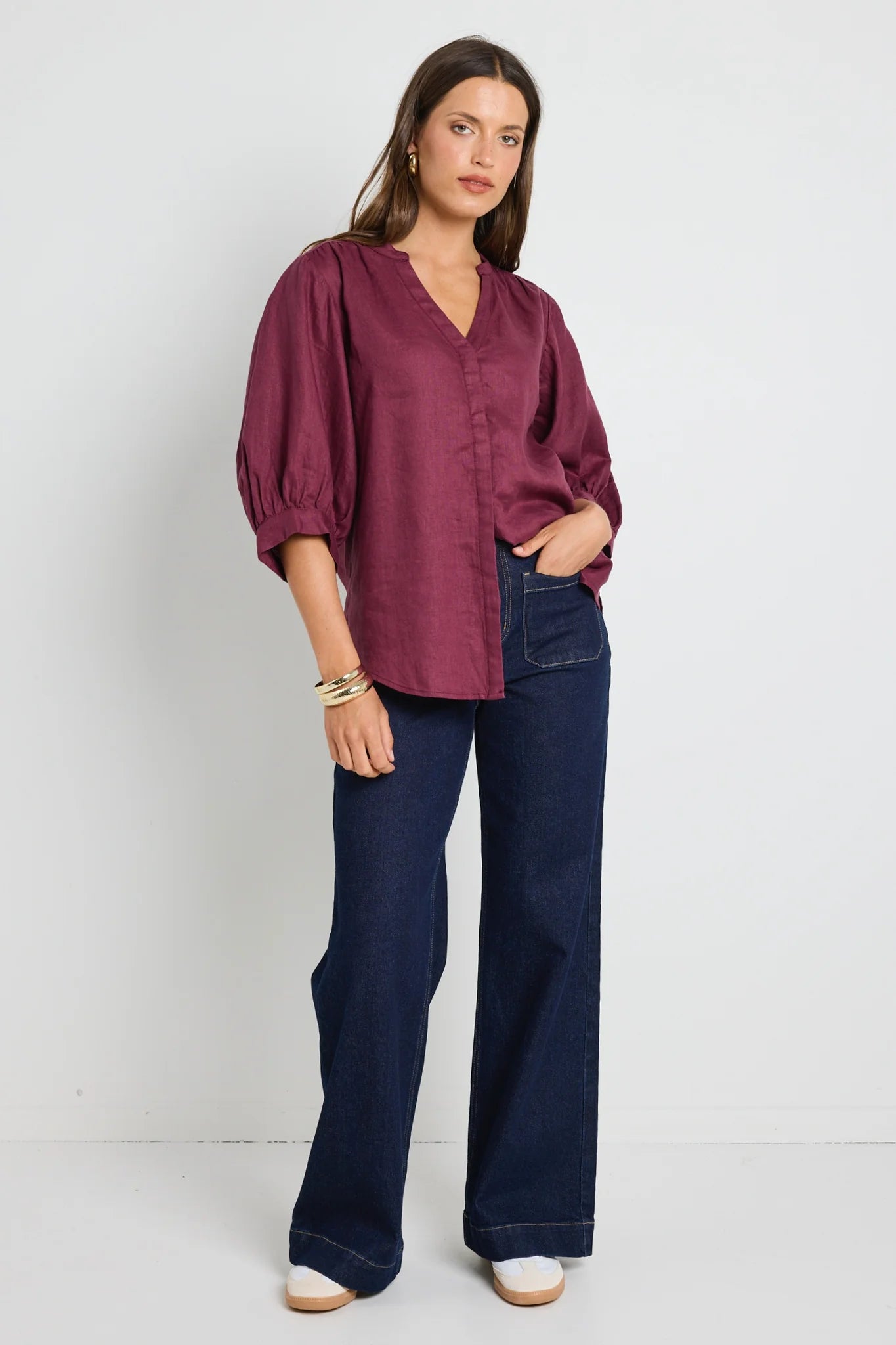 Deity Linen Puff Sleeve Blouse Burgundy