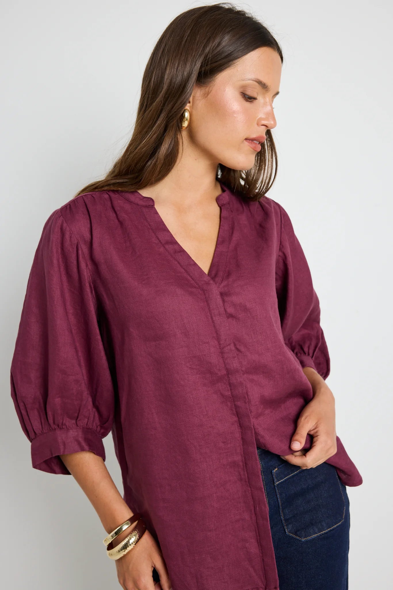 Deity Linen Puff Sleeve Blouse Burgundy