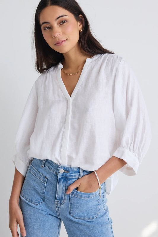 Deity White Linen Puff Sleeve Blouse