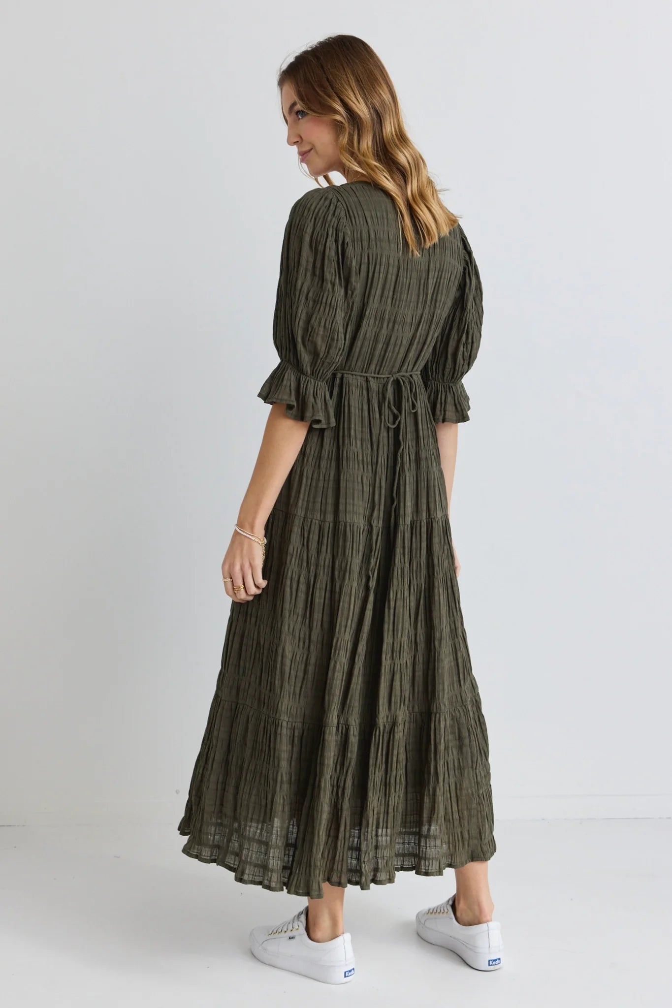 Dreamy Bubble Tiered Dress Khaki