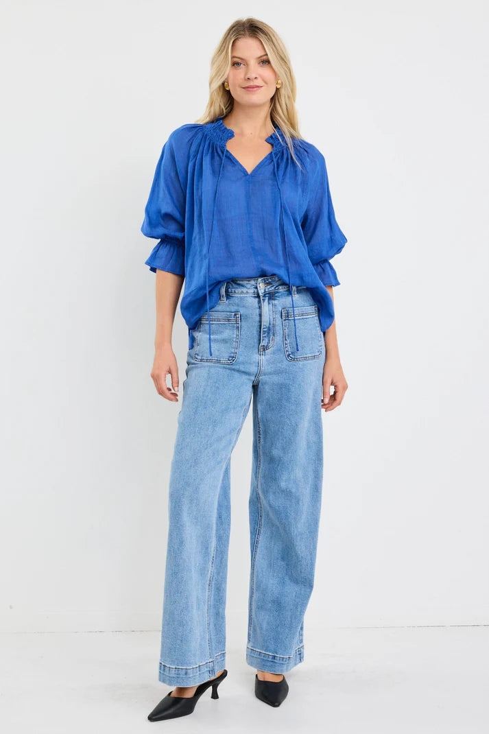 Expedition Shirred Neck Top Blue