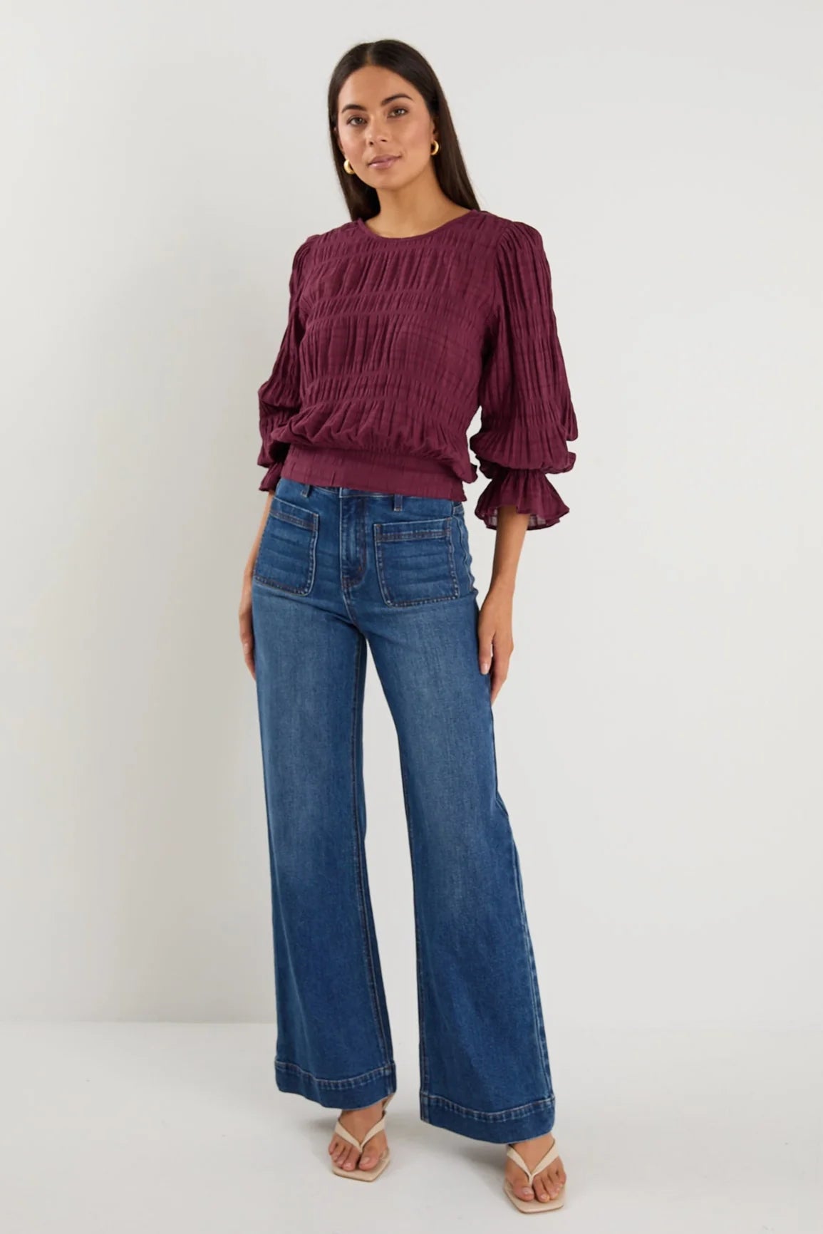 Imagine Shirred Frill Top Burgundy