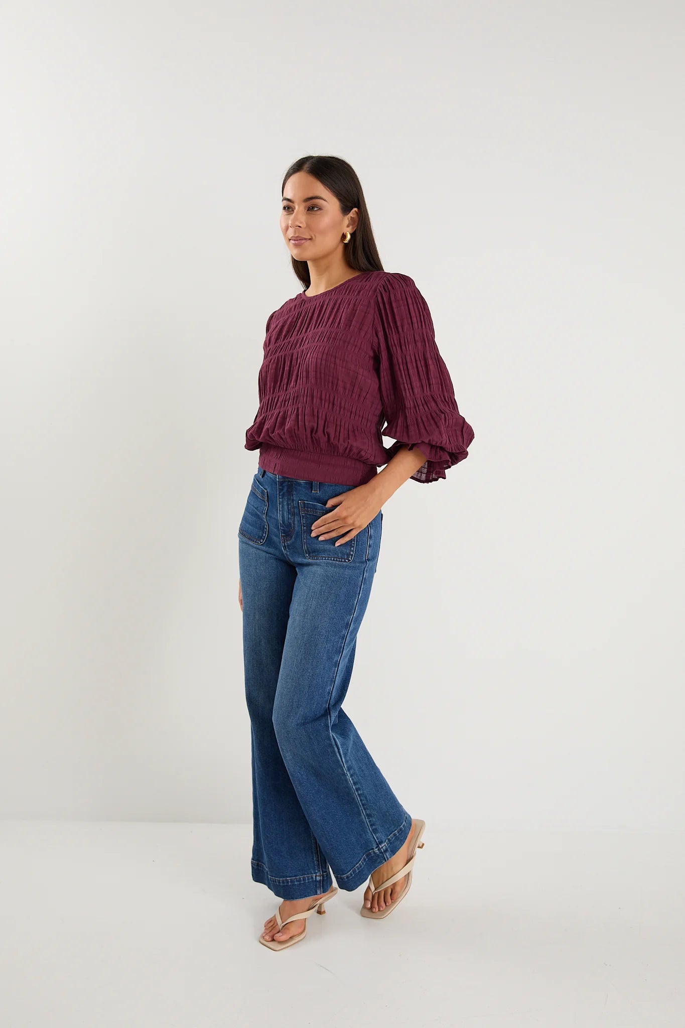 Imagine Shirred Frill Top Burgundy