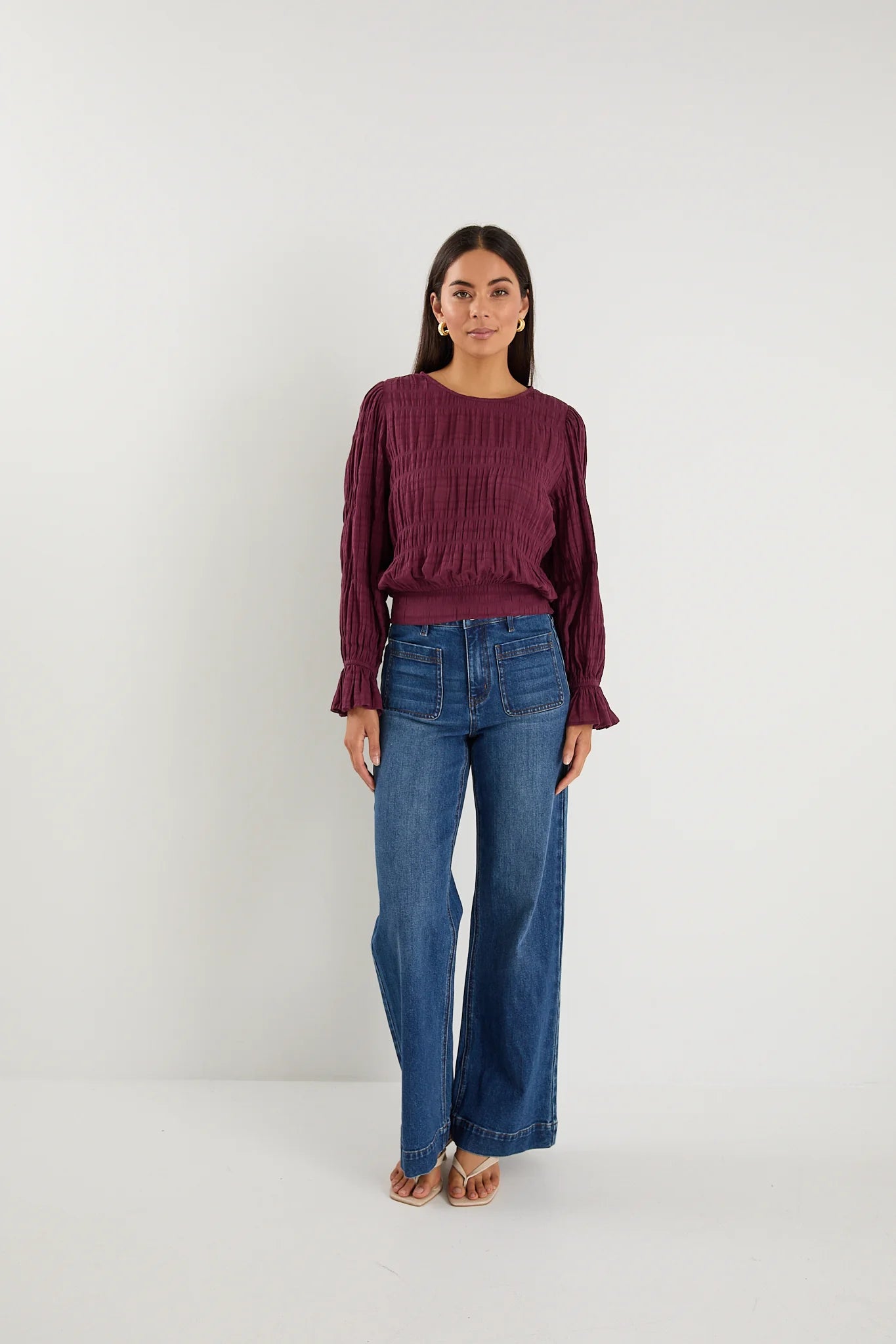 Imagine Shirred Frill Top Burgundy