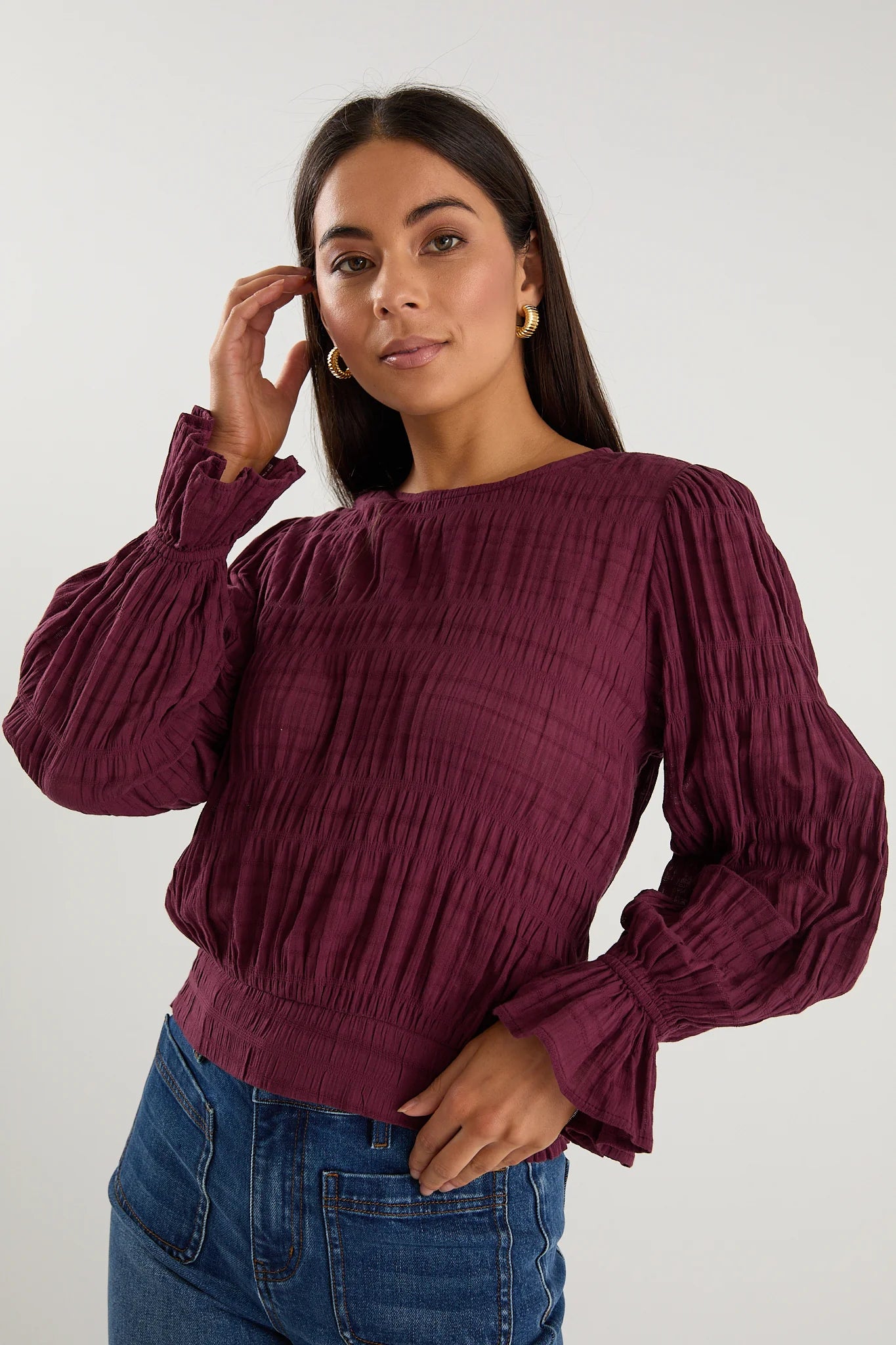 Imagine Shirred Frill Top Burgundy