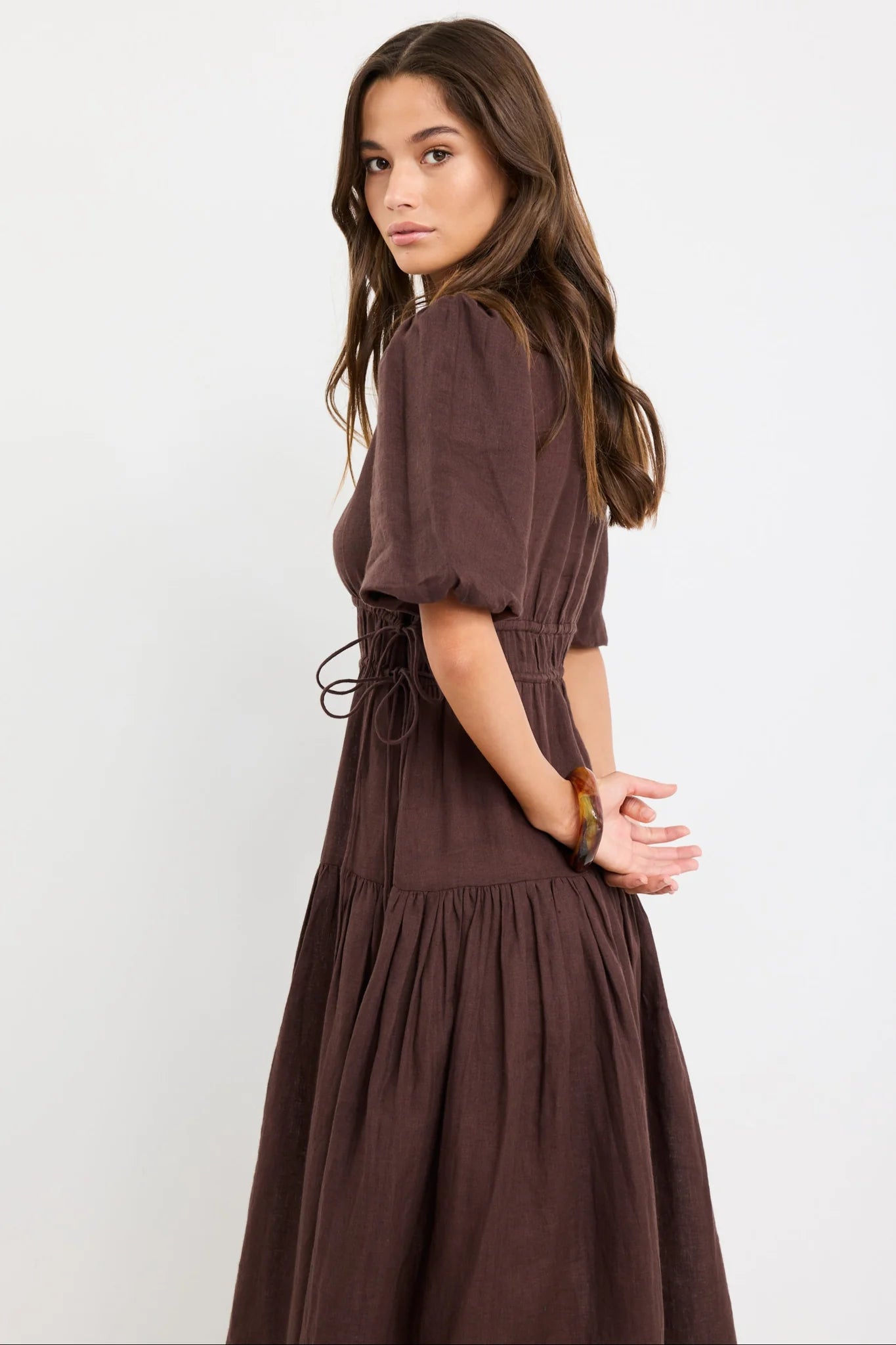 Glory Linen Puff Sleeve Midi Dress Chocolate