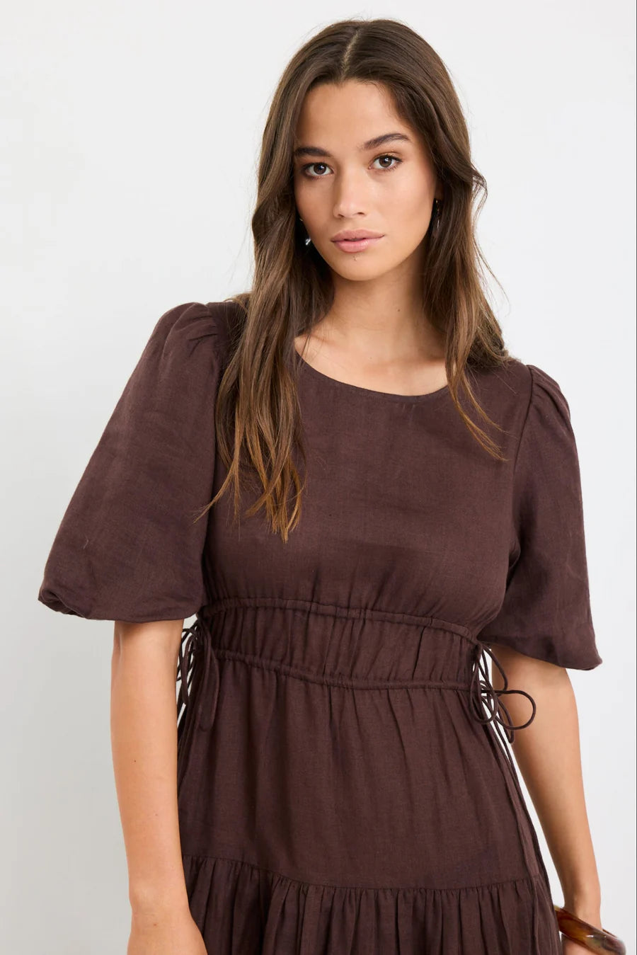 Glory Linen Puff Sleeve Midi Dress Chocolate