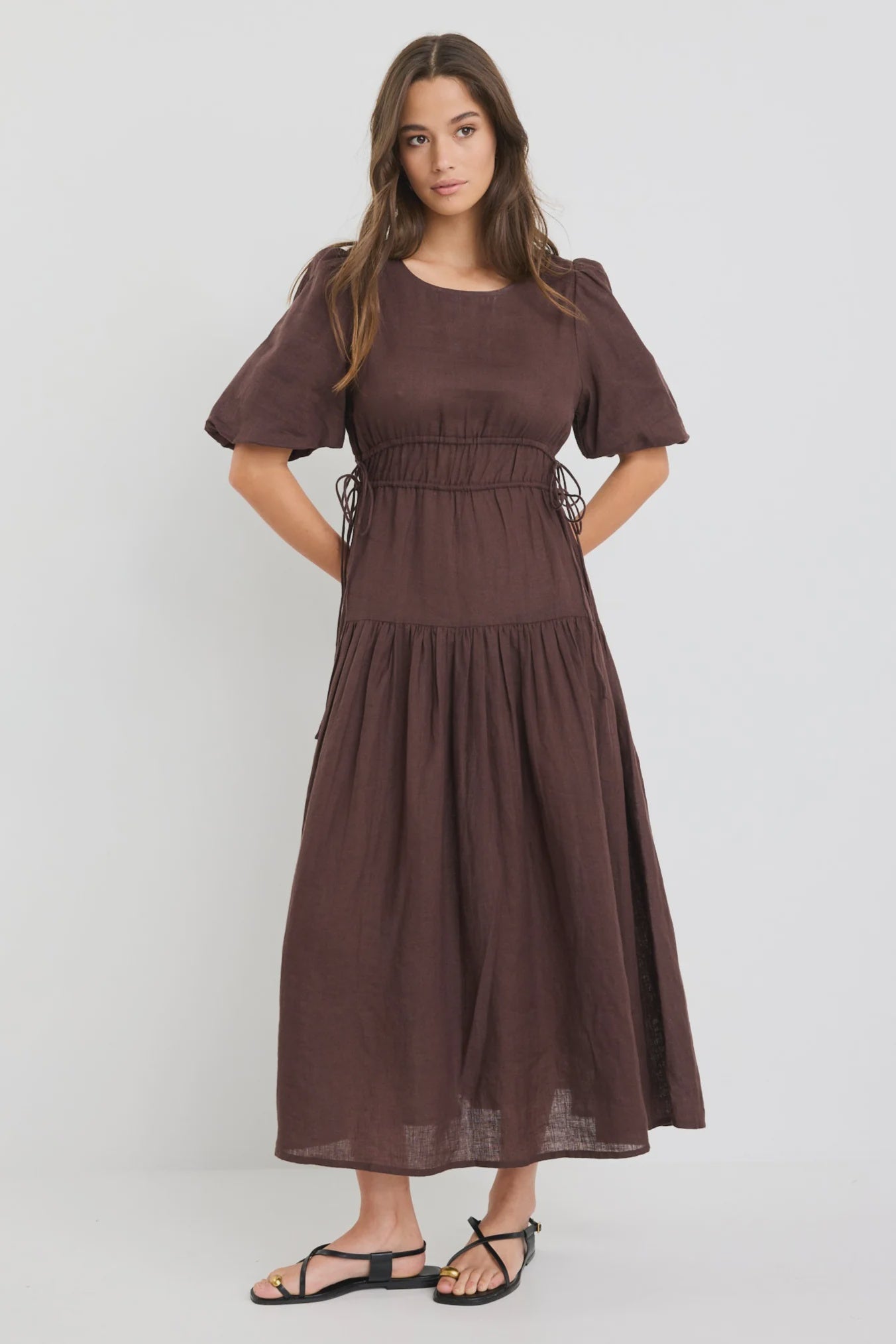 Glory Linen Puff Sleeve Midi Dress Chocolate