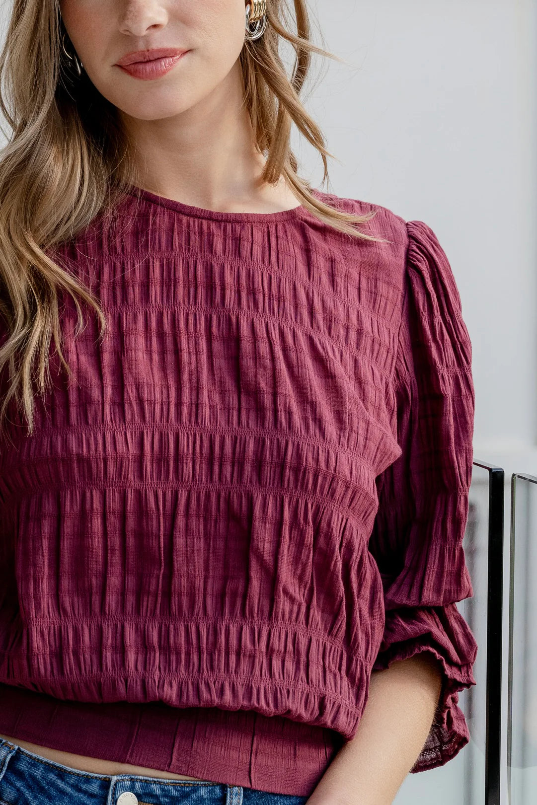 Imagine Shirred Frill Top Burgundy