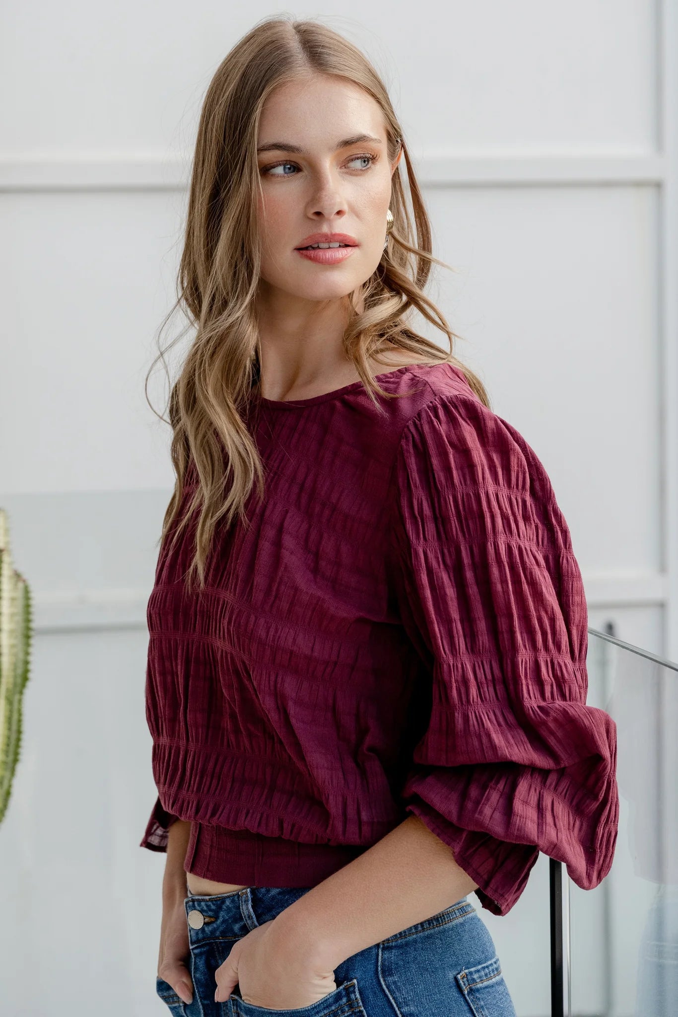 Imagine Shirred Frill Top Burgundy