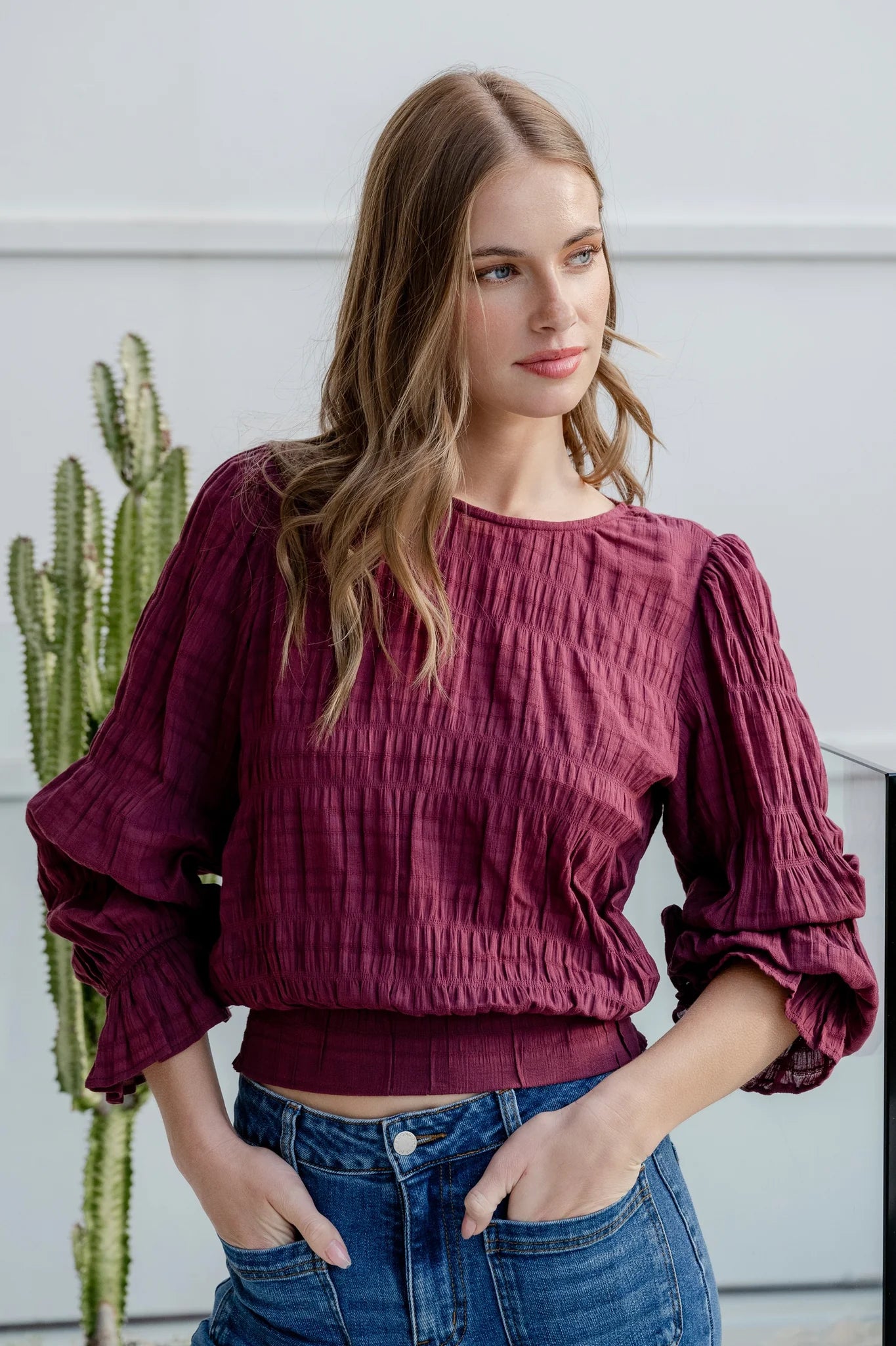 Imagine Shirred Frill Top Burgundy