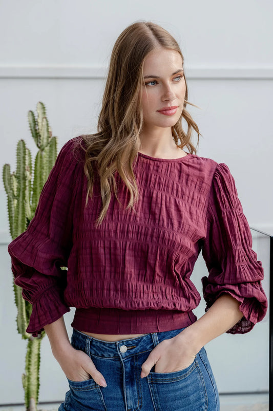 Imagine Shirred Frill Top Burgundy