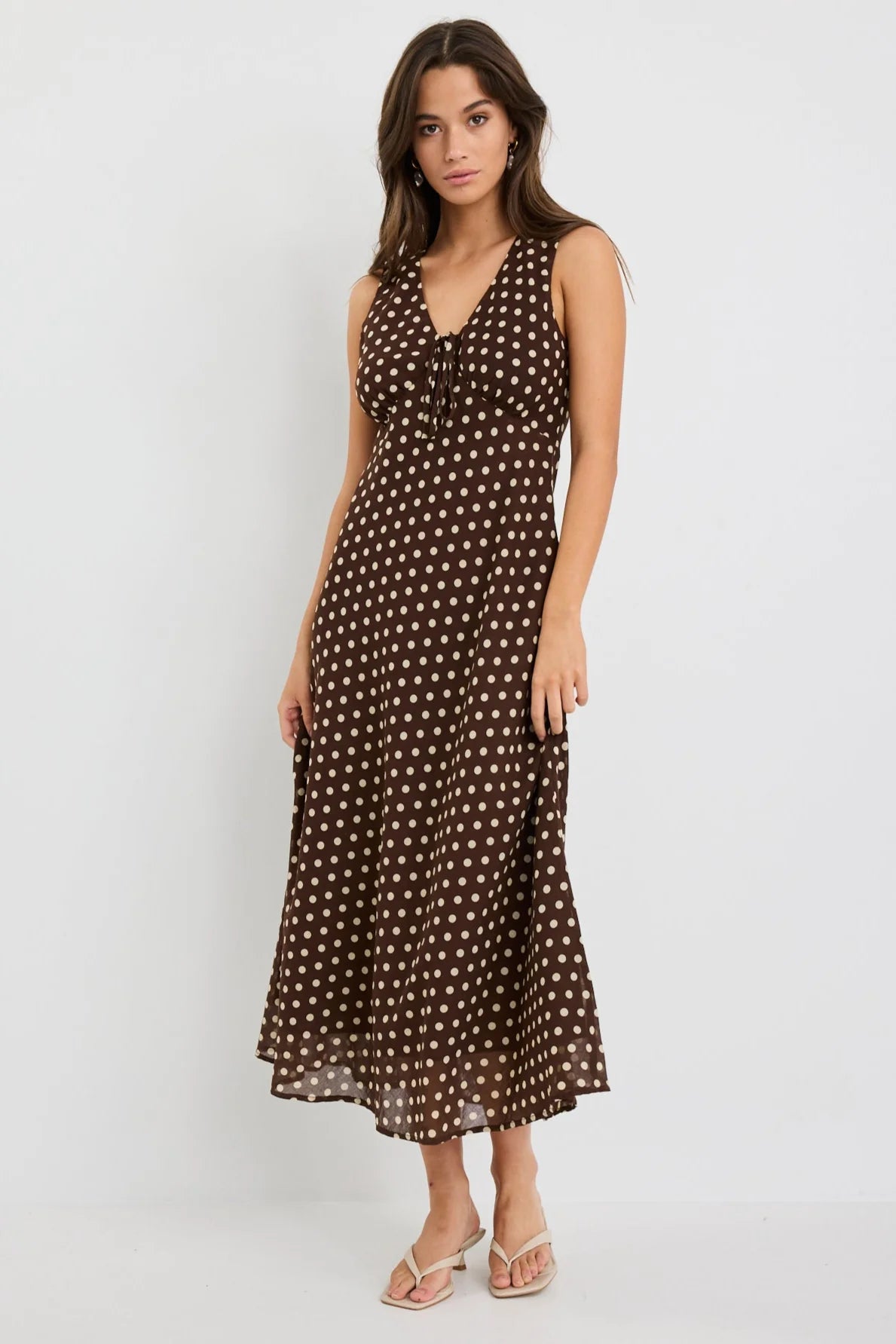 Infinity Chocolate Polka Dot Bias Midi Dress