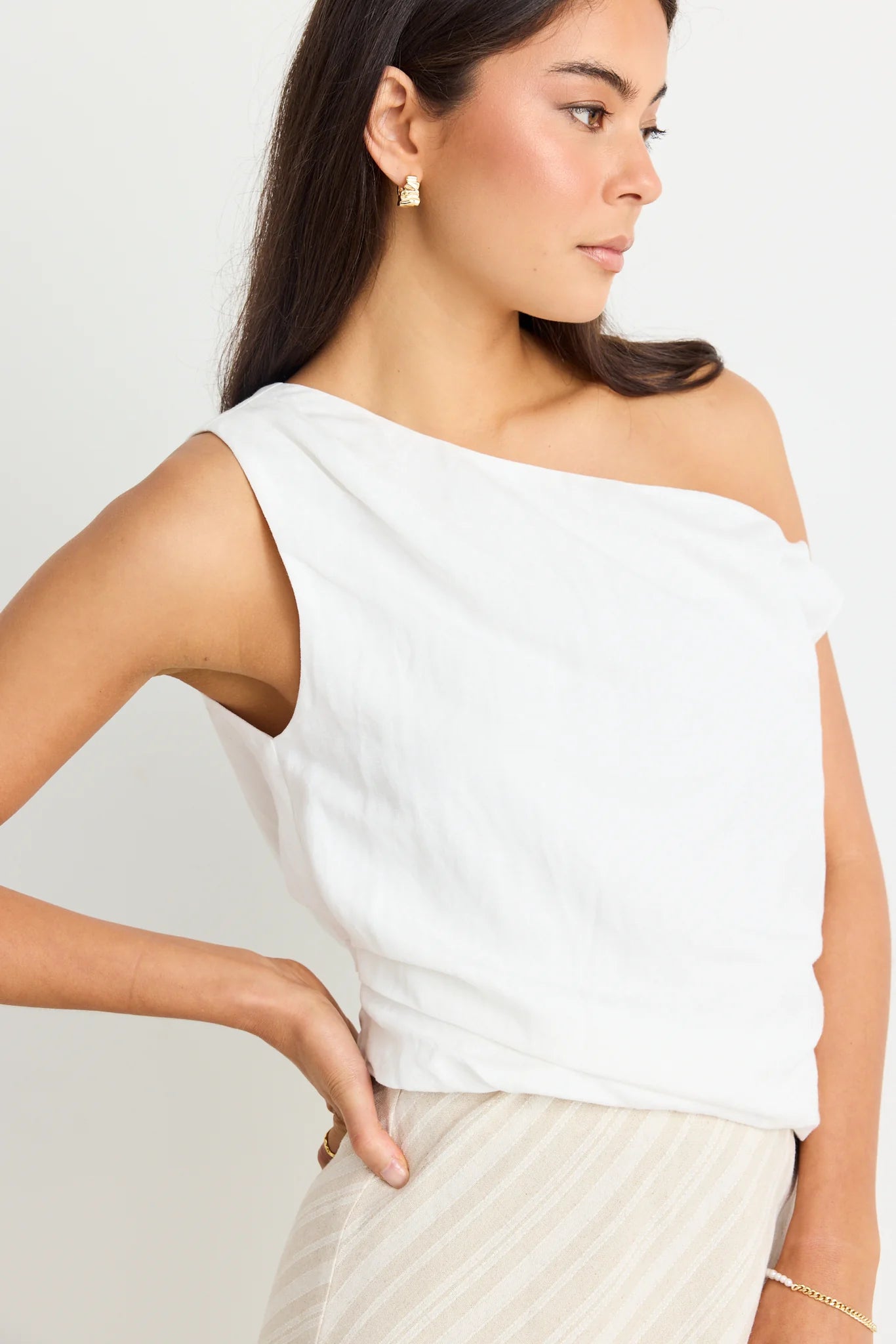 Revered Linen Blend Off Shoulder Top Ivory