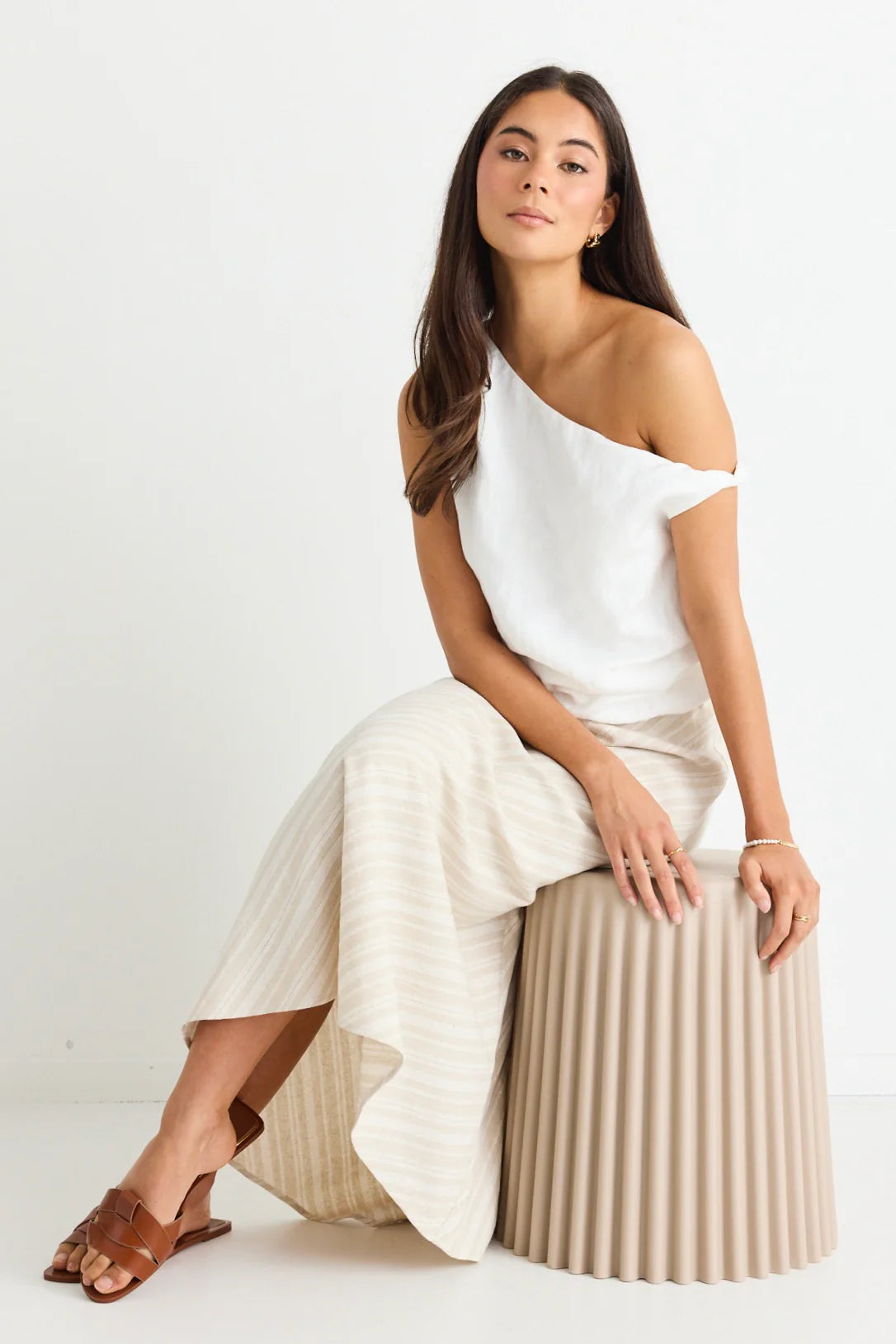 Revered Linen Blend Off Shoulder Top Ivory