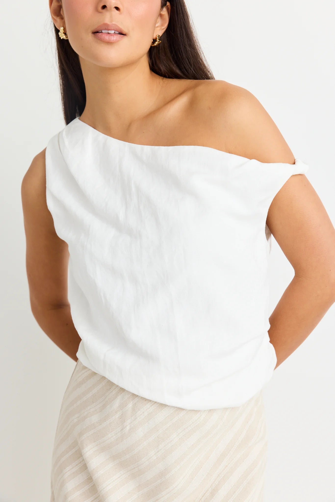 Revered Linen Blend Off Shoulder Top Ivory