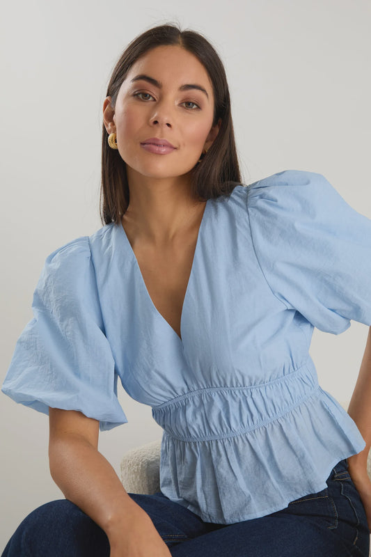 Vexting Ice Blue Puff Sleeve V Top