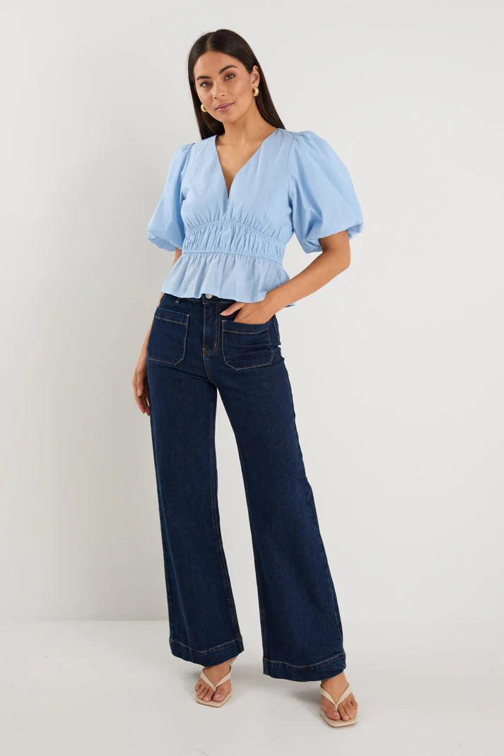 Vexting Ice Blue Puff Sleeve V Top