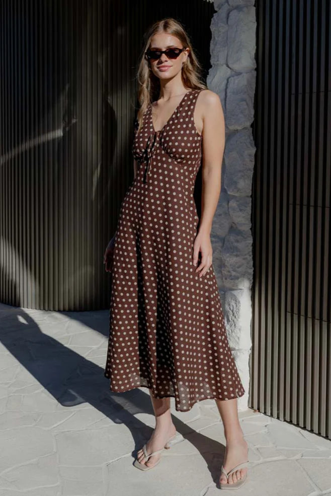 Infinity Chocolate Polka Dot Bias Midi Dress