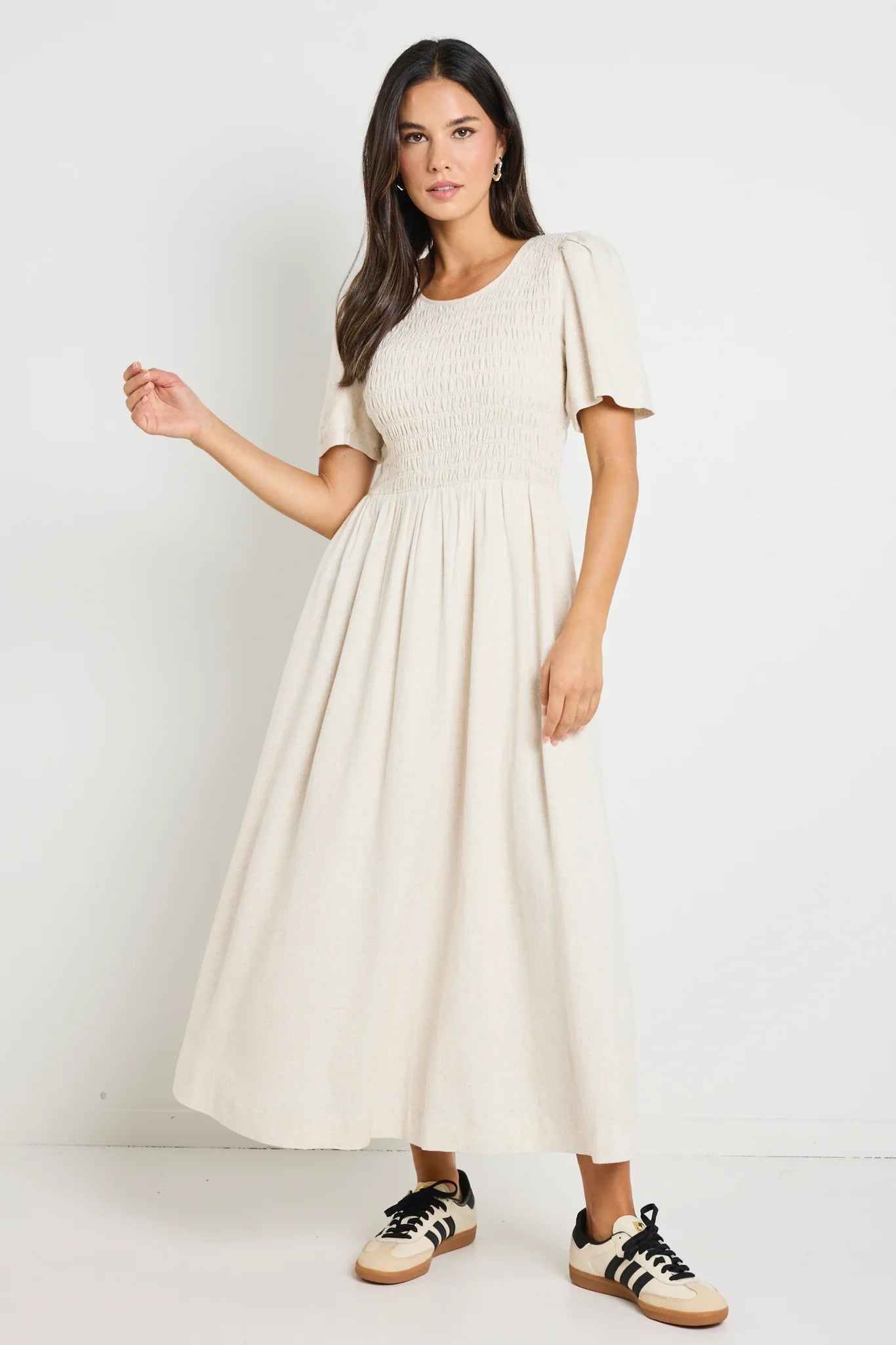 Wren Shirred Bodice Midi Dress Natural