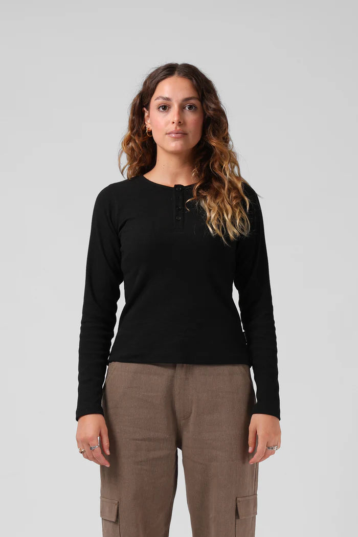 Ribbed L/S Henley Blk