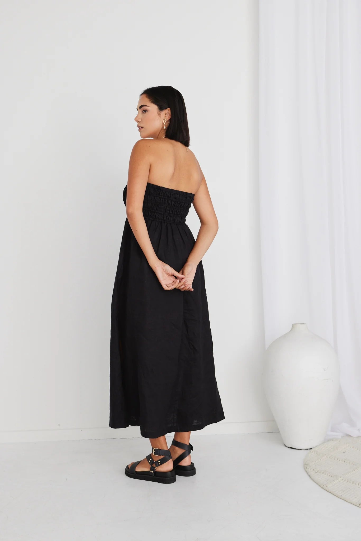 Nelle Black Linen Strapless Dress